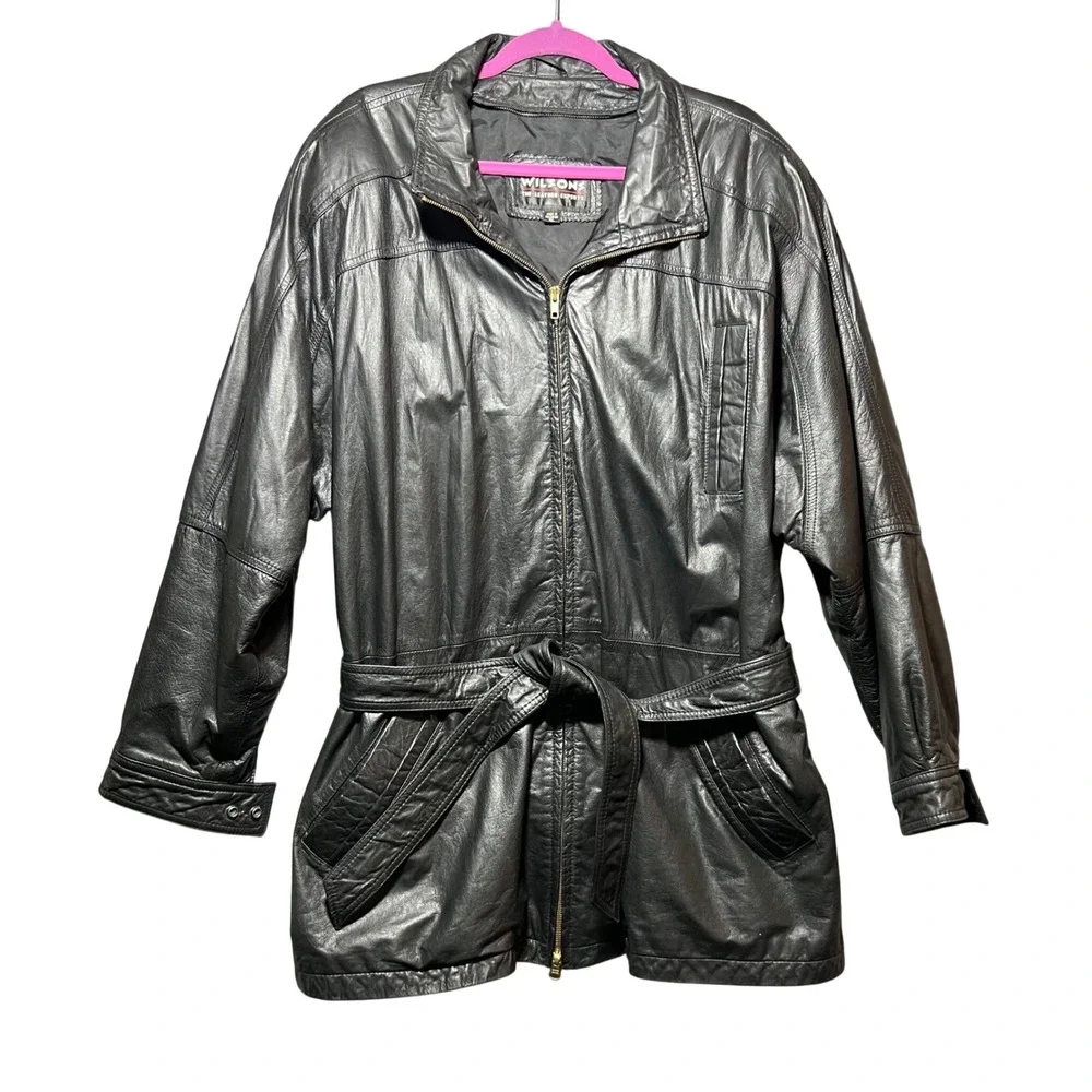 Vintage 90s Wilsons Black Leather Car Coat Belted Utility Jacket Men's XL